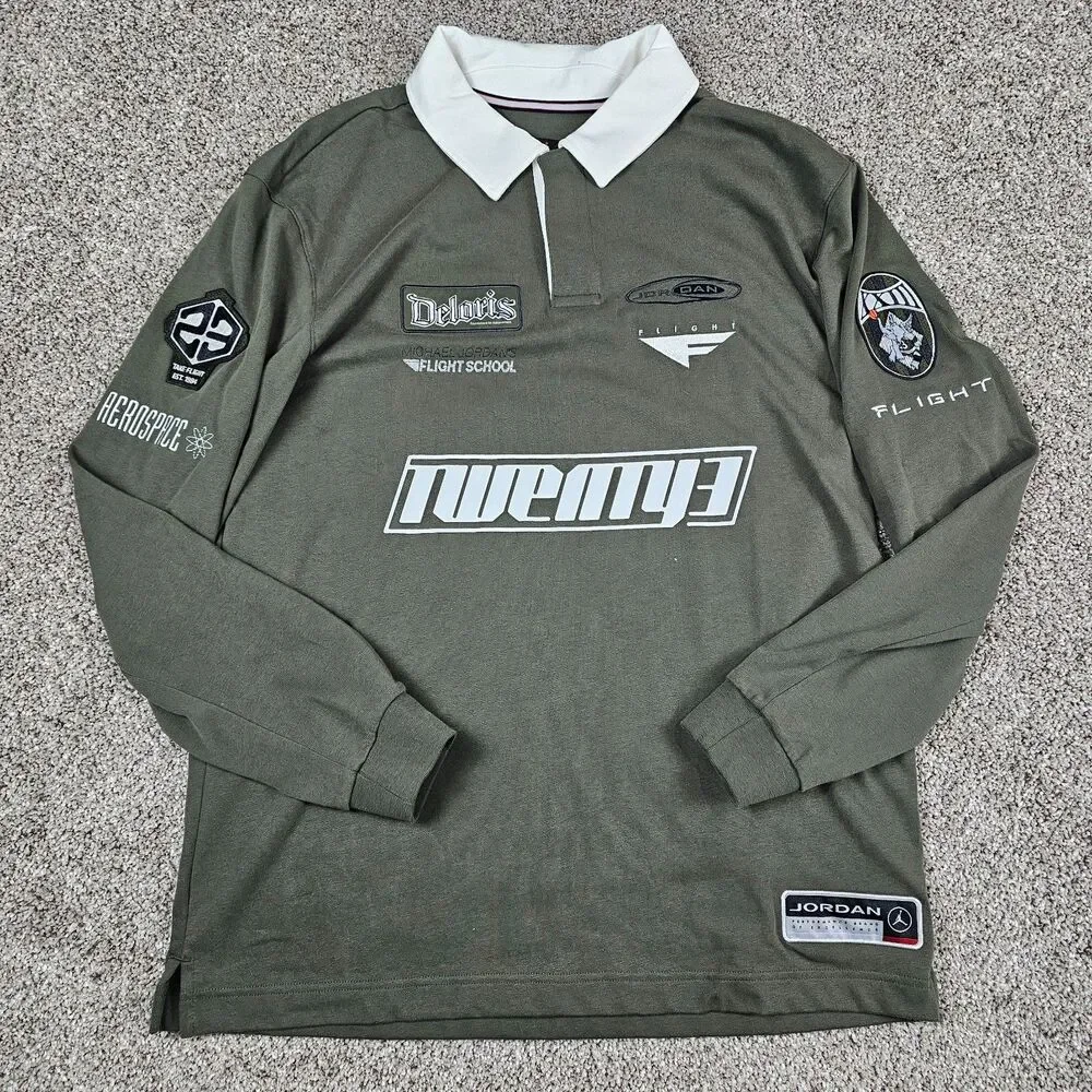 Air Jordan Shirt Mens Medium Green Rugby Polo Loose Fit Nike #23 Patch Logo NWT